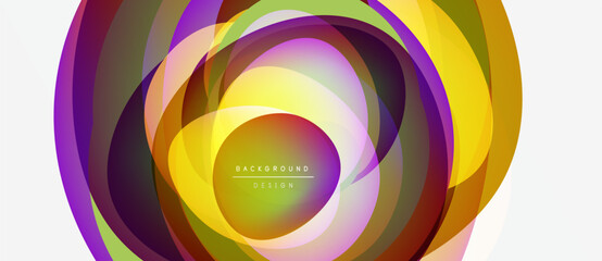 Wall Mural - Abstract colorful layers create dynamic circular design. Gradient hues blend, forming modern background element. Minimal text present.