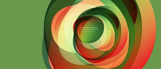 Wall Mural - Abstract circular layers create dynamic visual effect. Green, orange, yellow hues blend seamlessly. Modern design element.