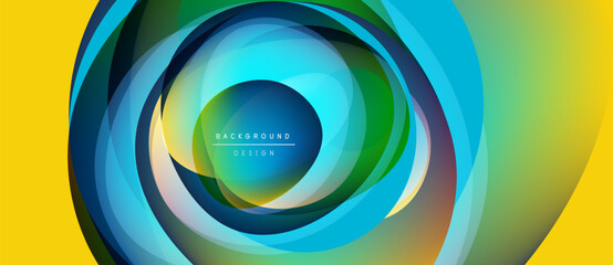 Wall Mural - Abstract colorful circles create dynamic visual effect. Yellow background enhances vibrant design elements. Modern, sleek presentation.