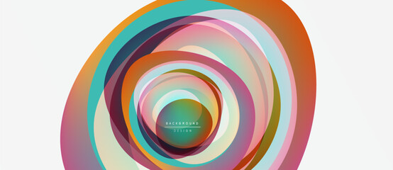 Wall Mural - Abstract colorful layers create circular design. Concentric shapes suggest depth, movement, modern aesthetic. Background features text elements.