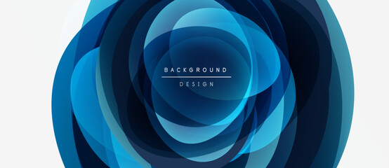 Wall Mural - Abstract blue layers create circular design. Gradient shades suggest depth, modern aesthetic. Minimal text overlay present.