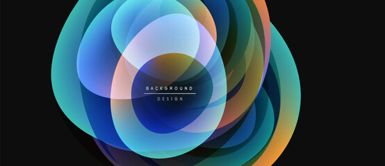 Wall Mural - Abstract layers create dynamic circular composition. Blue, orange, green hues blend, forming modern background design. Minimalist text present.