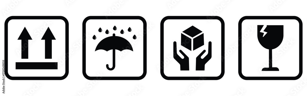 “Fragile Package and Shipping Symbols Set – Handle with Care, Recycle ...