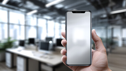 Smartphone mockup in hand, blurred office background, realistic reflections on screen

