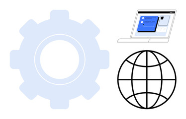 Gear, laptop with digital interface, and globe illustrating technology, global networking, innovation, automation, online systems, digital solutions, and software development as a simple flat