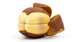 Peeled salak fruit (snake fruit) with creamy yellow flesh and brown scaly skin on white background.