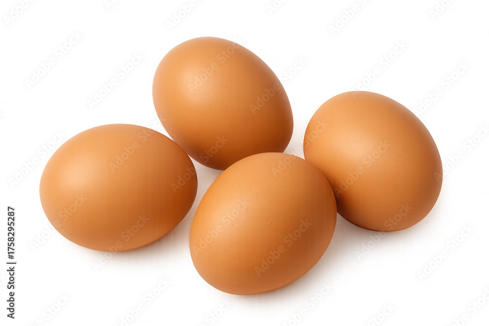Four brown chicken eggs for breakfast and cooking, a natural food ingredient rich in protein, transparent background