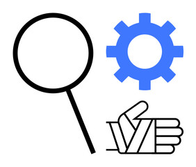 Wall Mural - Magnifying glass, blue gear, hand gesture expressing analysis, solution-finding, innovation, teamwork, technology, and research. Ideal for problem-solving discovery strategy creativity and simple