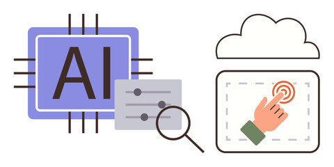 AI chip with connections, interface controls, magnifying glass, hand tapping touchscreen, and cloud. Ideal for technology, innovation, digital transformation, cloud computing machine learning UIUX