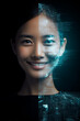 © Enrique - a face of a woman looking right into camera. One side is normal and human, the other side of her face has digital data visualization artifacts to suggest ai usage.