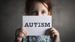 © LiezDesign - A kid is showing a picture of a the text ''AUTISM'' in the kids hand as if to say pay attention on a white background.