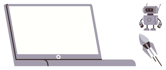 Wall Mural - Open laptop, small robot, and flying rocket highlight ideas of technology, AI, future, innovation, startup progress, space exploration. Ideal for education science design tech growth simple flat