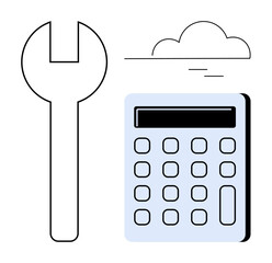 Wall Mural - Large wrench beside a calculator under a cloud with subtle lines. Ideal for engineering, technology, cloud computing, problem-solving, data analysis, maintenance, toolkits. Simple flat metaphor