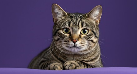  Close up of a striped tabby cat with bright eyes on a solid purple backdrop