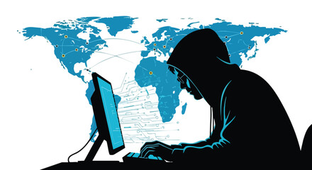 A silhouette of a hooded hacker, illuminated by the glow of a computer screen, works in front of a world map, symbolizing cybercrime and digital security threats.