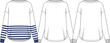 © Shammi's World - Technical fashion flat sketch, long sleeve top design variations, striped drop tail hem, plain straight hem, ribbed cuff detail, garment illustration, apparel template, clothing vector