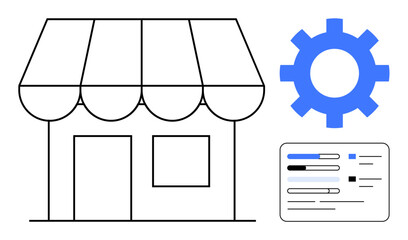 Shop awning with a gear and a data interface highlighting optimization, analytics, and settings. Ideal for small business, retail, e-commerce, marketing, process management, automation simple flat