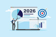 © ToeiiaB - 2026 planning strategy business marketing for growth and success project. Businessman presenting proposal or sale data analysis dashboard for annual forecast vector illustration flat design.