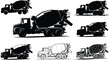 © Makhon - Cement mixer truck vector set, silhouette, outline, polygon style, construction vehicle illustration, side view, industrial transport, editable graphic bundle