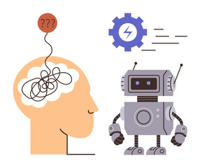 Wall Mural - Tangled thoughts in a human brain with speech bubble and robot icon. Ideal for artificial intelligence, creativity, problem-solving, technology evolution, cognition, innovation, simple flat metaphor
