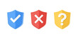 © Noajish - Choice, Rejection, and Inquiry: A trio of vibrant shields embodies decisions, denials, and questions. Representing security, uncertainty, and choices.