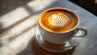 © Your Hand Please - Hyperrealistic image of latte art under direct morning light, highlighting intricate foam patterns, warm sunlight, cozy coffee ambiance, and the inviting beauty of a fresh morning beverage.