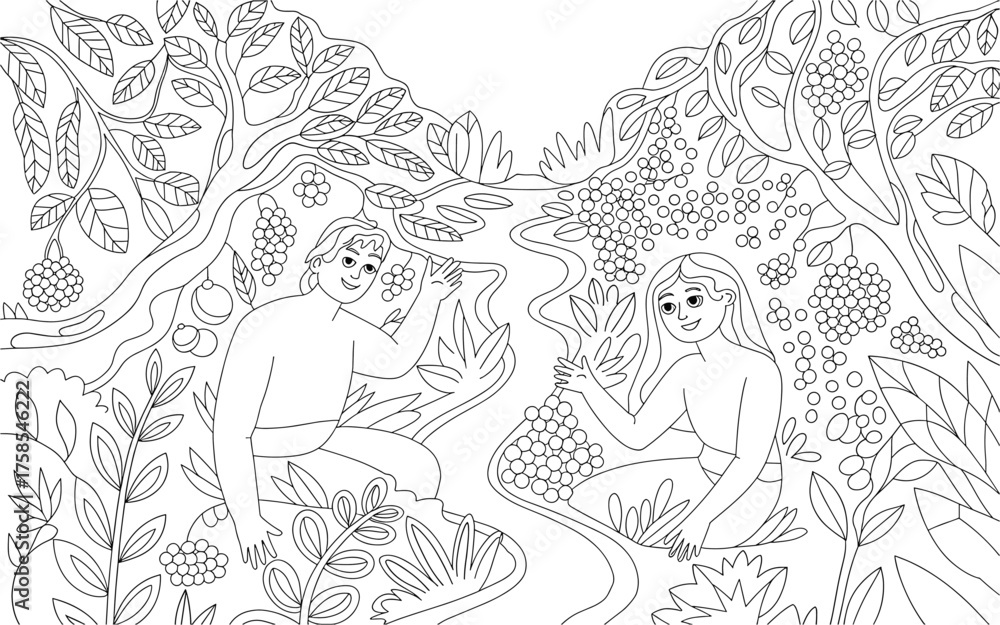 Adam Ror Siting Adam and eve in the garden of eden, a coloring page illustration of the ...