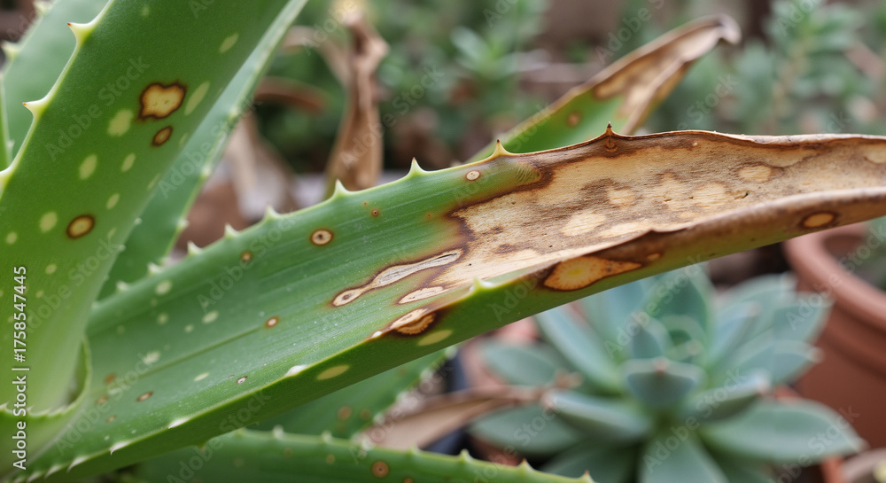 Aloe vera leaf with disease and brown spots for plant health visuals ...
