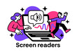 © Coosh448 - Embracing Accessible Technology. Screen readers. A laptop with glowing text-to-speech icons, abstract floating sound waves and stars symbolizing access to