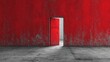 © K99Design - A red door with the word 'OPEN' on it, set against a red wall with a concrete floor.