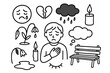 © Svitlana - Sorrowful Symbols Doodle. Sorrow. Hand-drawn doodle illustration sorrow sad face, tear, broken heart, wilted flower, dark cloud, candle, rain, drooping leaf,