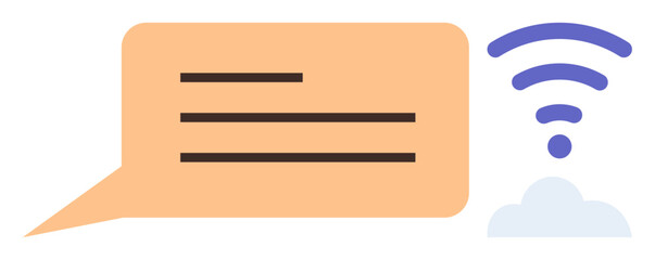 Speech bubble with text lines alongside wireless signal and cloud icon. Ideal for connectivity, networking, cloud computing, communication, chat, wireless data transfer, simple flat metaphor