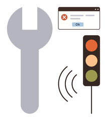Wall Mural - Wrench symbolizing repair, error popup for system issues, traffic light for status, and lines suggesting signal or transmission. Ideal for problem-solving, alerts, maintenance, technology management