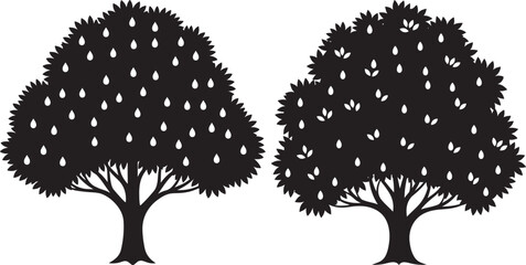Two detailed black silhouettes of fruit trees with many fruits silhouette