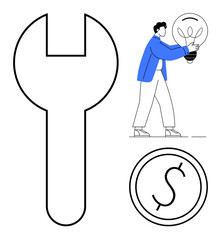 Wall Mural - Wrench symbolizing repair, figure carrying a lightbulb for innovation, and currency sign for economy. Ideal for creativity, strategy, entrepreneurship, solutions, innovation, teamwork and business