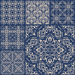 Naklejka na meble Vintage patchwork from seamless damask tiles. Collection patterns in Eastern style. Vintage grunge fabric decor. Seamless carpet. Original traditional Portuguese and Spain decor. Vector illustration