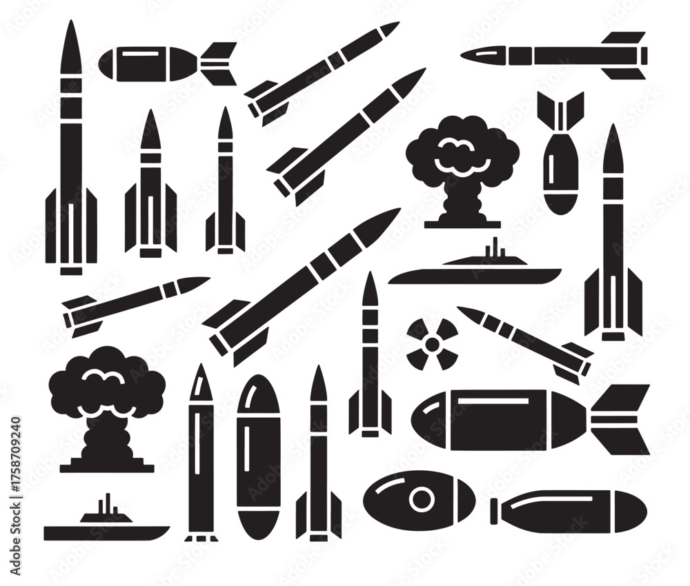 Missile rocket weapon icon set. Military bomb warhead and ballistic ...
