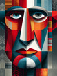 © Chinnasorn - Colorful geometric face abstract portrait cubist style bold checker pattern textured shapes modern art graphic design vibrant pattern mosaic effect emotional gaze