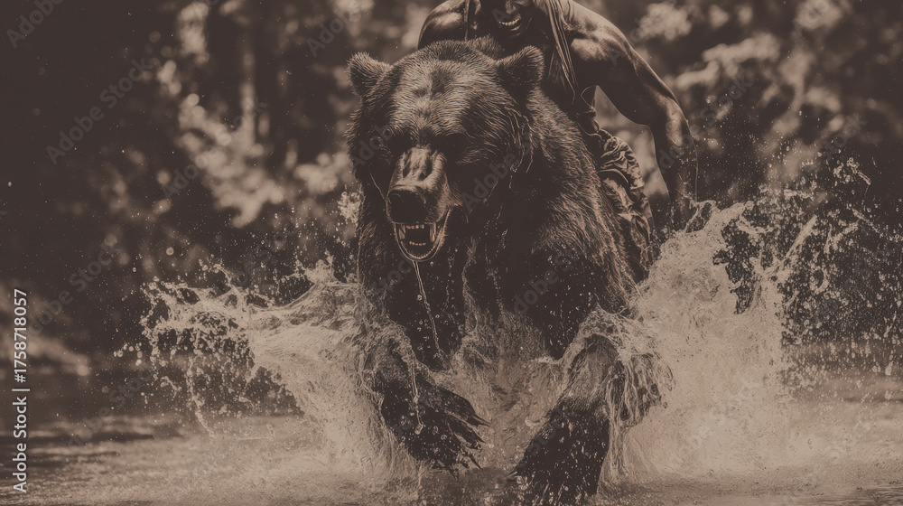 Angry bear attack on human in river. dangerous struggle for survival ...