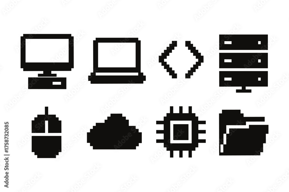 Pixel art technology icons: computer, laptop, code, server, mouse ...