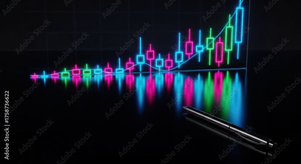 Neon candlestick chart with upward trend and reflection on black ...