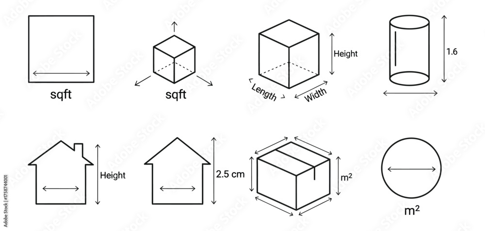 Geometric shapes dimensions and measurements Stock Vector | Adobe Stock