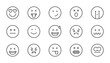 © Nivins McTwisp - Emoji icon set. Smiley, coolness, laughter, joy, nauseous, happy, mistake, shock, love of money, loving, excited, wink, sleep, crying, angry, shame. Emotion sign. Vector illustration. Editable stroke.