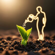 © Rindaman - A luminous human figure nurtures a delicate green sprout, a powerful concept of sustainable growth, new beginnings, and hope for the future