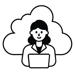 A business vector illustration of a cartoon man's head with a laptop for a cloud computing technology concept icon