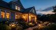 © Roro - A charming house exterior bathed in warm evening light, showcasing a well-maintained landscape and inviting porch.