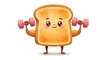 © TiMUCNA - a cute cartoon toast character weightlifting with dumbbells in a whimsical hyper-realistic watercolor style illustration for decoration
