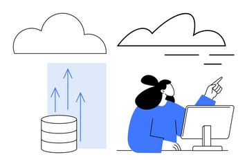 Wall Mural - Woman at desk pointing at digital cloud, data upload arrows emerging from database. Ideal for technology, storage, innovation, cloud services, digital transformation, IT management, simple flat