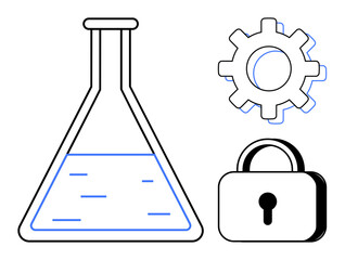 Wall Mural - Laboratory flask with liquid, gear symbol, and padlock illustrating innovation, science, engineering, cybersecurity, data protection, system automation and technological development themes. Ideal