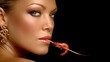 © Nattapol - Partial view of woman biting tempura shrimp, elegant setup with chopsticks and copy space